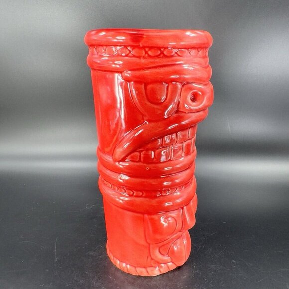 Large Ceramic Tiki God Vase Vessel Drinking Cup Red Glazed Porcelain Decor Vtg - Picture 9 of 15